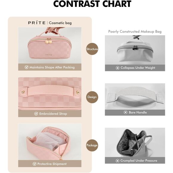 Makeup Bag for Women Travel Waterproof Vegan Leather Cosmetic Bag Open Flat Toil - Picture 5 of 9